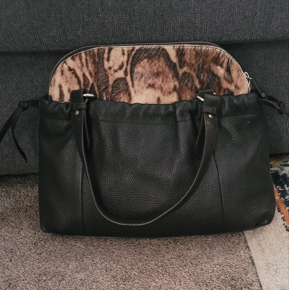 Furla Black Leather Tote Bag With Animal Print.